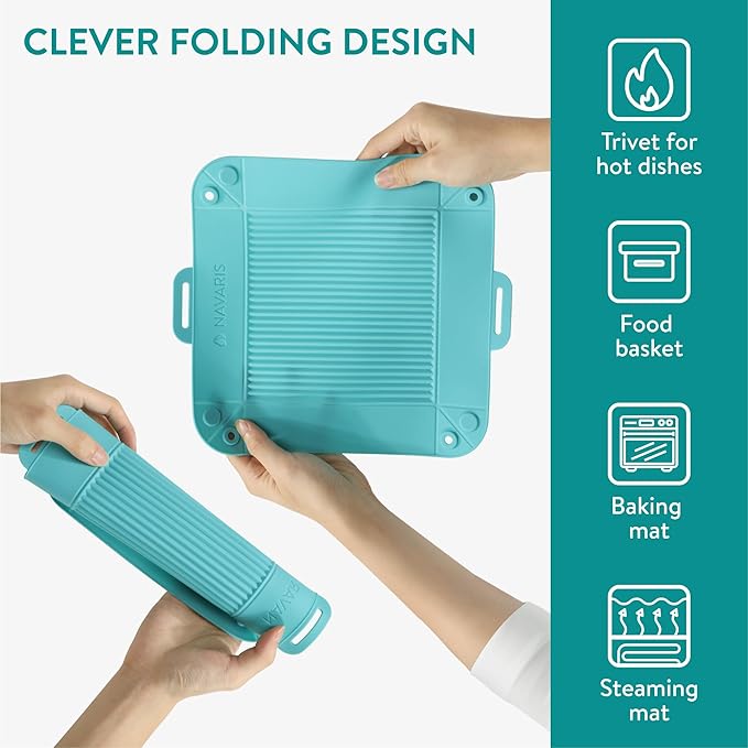 Navaris Silicone Air Fryer Liners (Set of 2) - Reusable Liner with Foldable Design 27cm x 6cm (10.6" x 2.4") - Basket Tray Mat - Dishwasher Safe - Blue