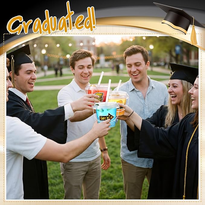 Funnymoom 30 Set 2026 Graduation Clear Plastic Cups with Lids & Straws 24oz Disposable Rum Drink Buckets Bulk for Cocktail Parties with Handles & Stickers for Graduation Beach Pool Party Supplies