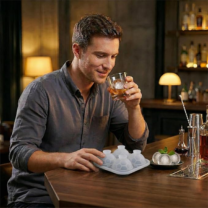 Large Ice Cube Tray,Silicone Ice Cube Trays for Freezer with Lids & Funnel,2.5 Inch Reusable Big Round Ice Cube Mold Ball Maker for Gifting,Whiskey,Cocktails and Drinks,Easy Release (Soccer Ball)
