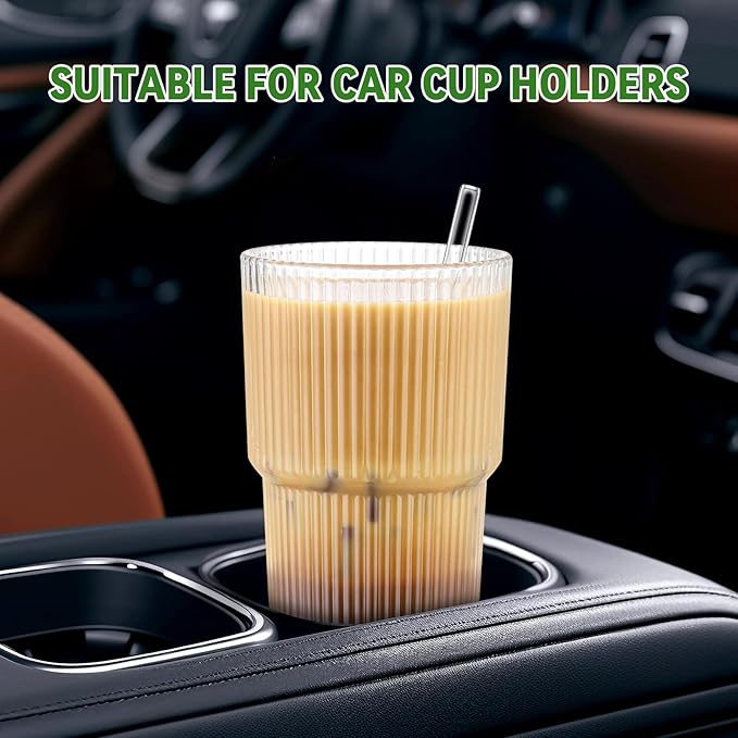 CWHHRN 20 oz Glass Cups and Straw 4 Set, Glass Tumbler with Straw, Vintage Glassware for Whiskey Cocktail Beer, Iced Coffee Cups (4 PACK)