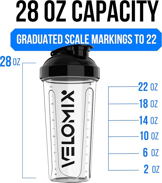 VELOMIX -4 PACK- 28 oz Protein Shaker Bottle for Protein Mixes - 4x Wire Whisk | Leak Proof Shaker Cups for Protein Shakes | Protein Shaker Bottle Pack | Protein Shake Cup (Clear Set)