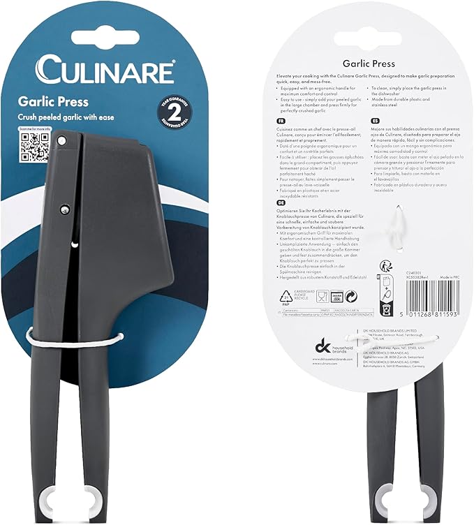 Culinare Garlic Press – Ergonomic Garlic Crusher with Large Chamber for Multiple Cloves – Easy to Use Ginger Mincer – Powerful Stainless Steel Crushing Action – Dishwasher Safe, 2-Year Guarantee
