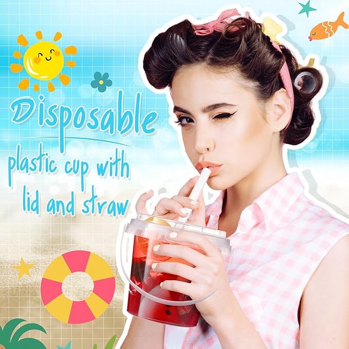 Funnymoom 100 Set 24oz Clear Plastic Drink Buckets with Lids and Straws Disposable Iced Coffee Cups Rum Buckets for Cocktail Parties Smoothie Cup Bulk with Handles for Beach Pool Party Supplies