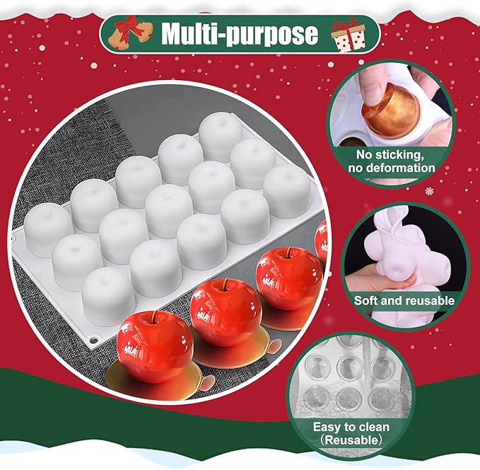 Apple Silicone Mold, 15-Cavity Shape Mousse Cake Molds, 3D Fruit Ice Cream Candy Molds, Non-Stick Sphere Silicone Molds for Chocolate French Fruit Cake Decoration