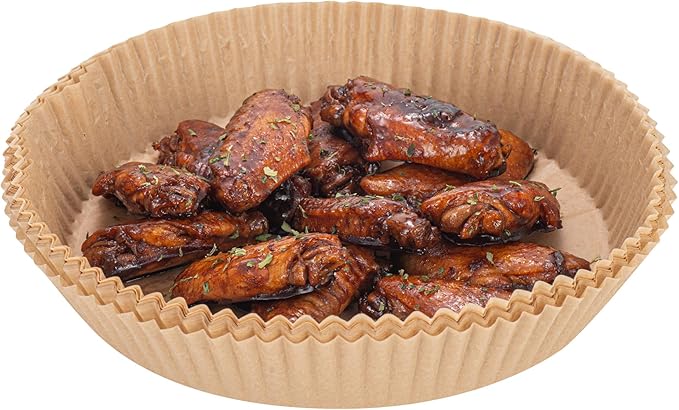 Restaurantware-Pastry Tek 8.1 x 8.1 x 1.8 Inch Air Fryer Liners, 100 Round Air Fryer Baskets - No-Stick Silicone Coating, Unbleached, Food-Grade Paper Liners, For Steamer, Microwave, Oven, Fry Pan