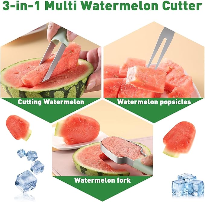 Watermelon Cutter 3-in-1 Fork Slicer & Popsicle Maker, Patriotic Red White Blue Fruit Cutter Tool, Multi Melon Slicer for Summer, Camping & Independence Day Kitchen Use (Red White Blue)