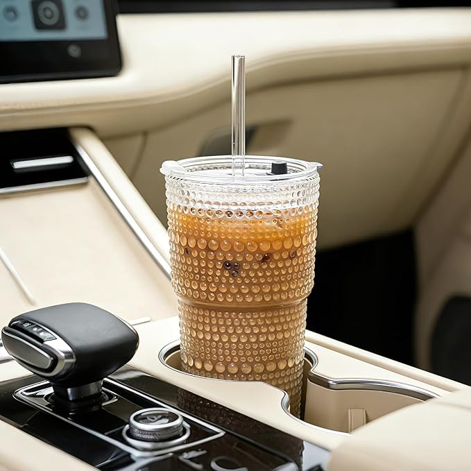 INSETLAN 20oz Hobnail Glass Cups with Lids and Glass Straws – 4 Pieces, Thick-Walled Glass Tumblers for Iced Coffee, Smoothies, Milk, Water, Juice, and More – Elegant and Durable Drinking Glasses