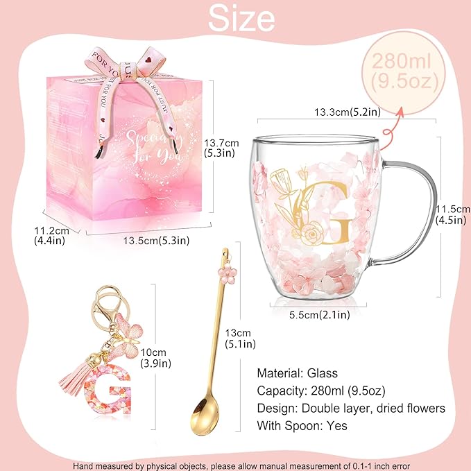 Personalized Gifts for Women Flower Glass Coffee Mug Initial Tea cup Monogrammed Customized Bridesmaid Bride Wedding Gifts Graduation Gifts Valentine Mother's Day Birthday Christmas Gift (G)
