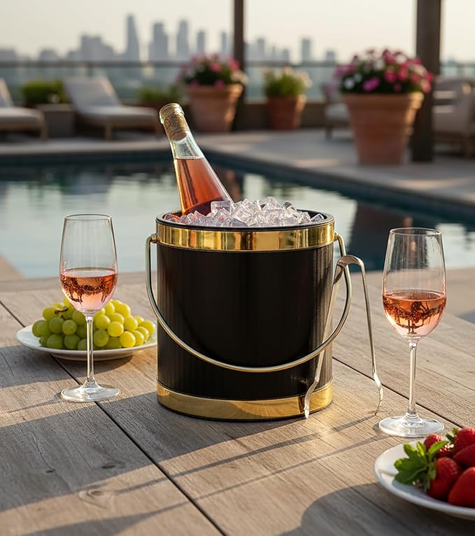 Made In USA Metallic Deco Collection Double Walled Insulated Ice Bucket With Ice Tongs (5-Quart, Black & Gold)