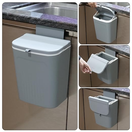 3.2 Gallon/12 L Plastic Wall Mounted Trash Can with Lid, Hanging Garbage Can for Cupboard, Bathroom(Gray)