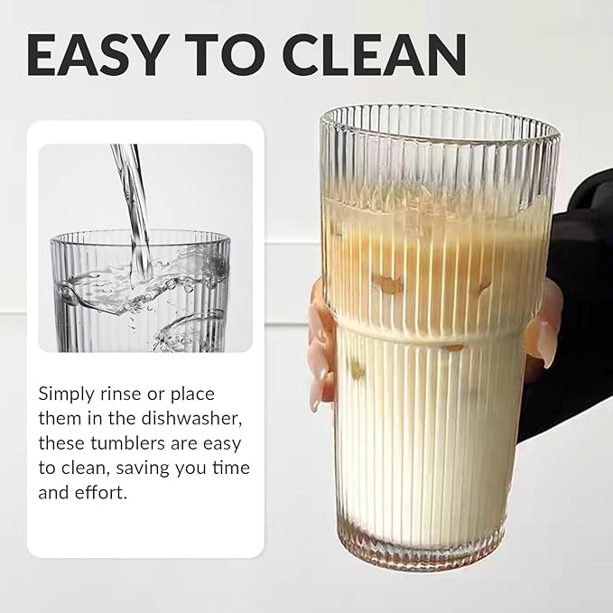 Puraville 20oz Glass Cup with Lid and Straw, Vintage Ribbed Glassware for Whiskey Cocktail Beer, Mason Jar Drinking Glasses Tumbler Iced Coffee Cup