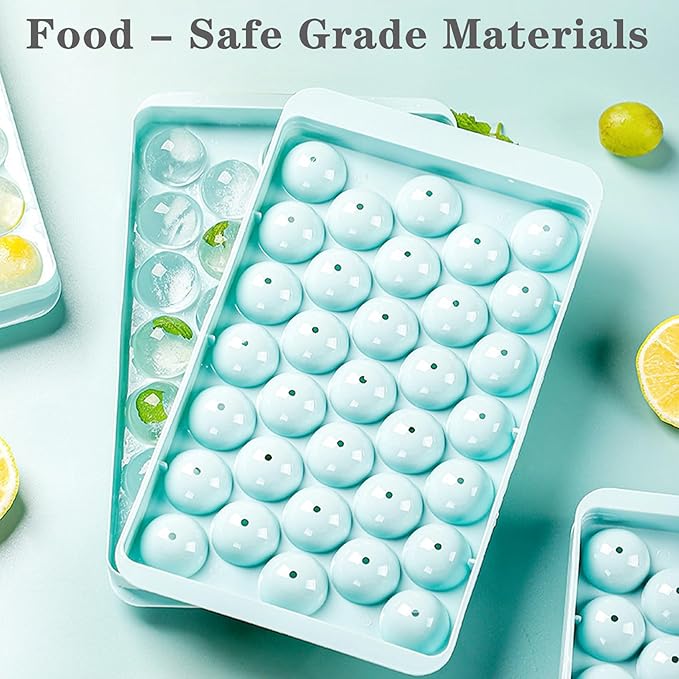 Round Ice Cube Tray with Lid, Mini Ice Ball Maker Mould for Freezer 33 Reusable Sphere Circle Ice Making Mold Easy Release for Water Cocktail Whiskey Coffee (Blue)