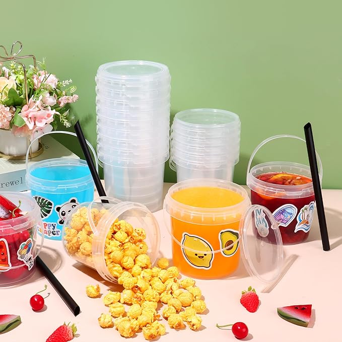 30 Pcs Drink Buckets with Lids and Straws for Parties 15x 23oz + 15x 32oz Cocktails Buckets Reusable Clear Plastic Food Containers with 50 Pcs Summer Stickers