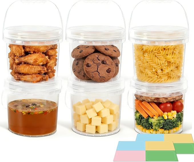 6 Pack 1 Gallon Food Grade Plastic Buckets with Screw Lids & Handle, Reusable Storage Containers for Snacks, Salad, Sauce - Clear Freezer Safe Bucket Set (Transparent)