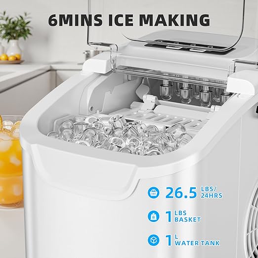 Antarctic Star Countertop Ice Maker, Portable Ice Machine with Carry Handle, 26.5Lbs/24H, 2 Sizes Bullet Ice, 8Cubes in 6 Mins Office/Kitchen/Bar White