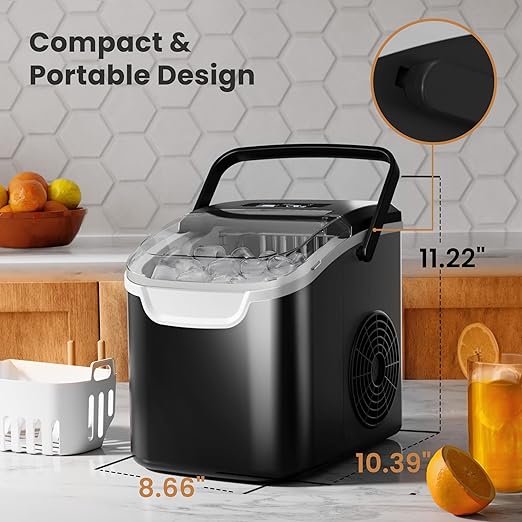 Crzoe Ice Makers Countertop with Handle, 2 Sizes of Ice, 8 Bullet Ice Cubes in 6 Mins, 26Lbs/24H, Portable Ice Maker with Self-Cleaning, Ice Machine for Home&Kitchen&Office&Party (Black)