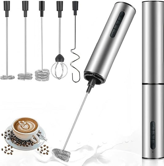 Rechargeable Milk Frother Hanheld, 5 - Function Whisk Electric Coffee Frother, Portable Handheld Frother Wand Drink Mixer for Matcha Lattes, Cappuccino, Kitchen Gift, Stainless Steel Silver