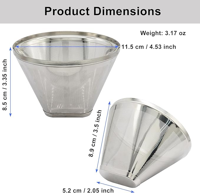 Reusable Cone Coffee Filters, 2 Pack Stainless Steel Replacement Filters for Coffee Maker & Coffee Bar Brewer, Durability Universal Fit Permanent Filter
