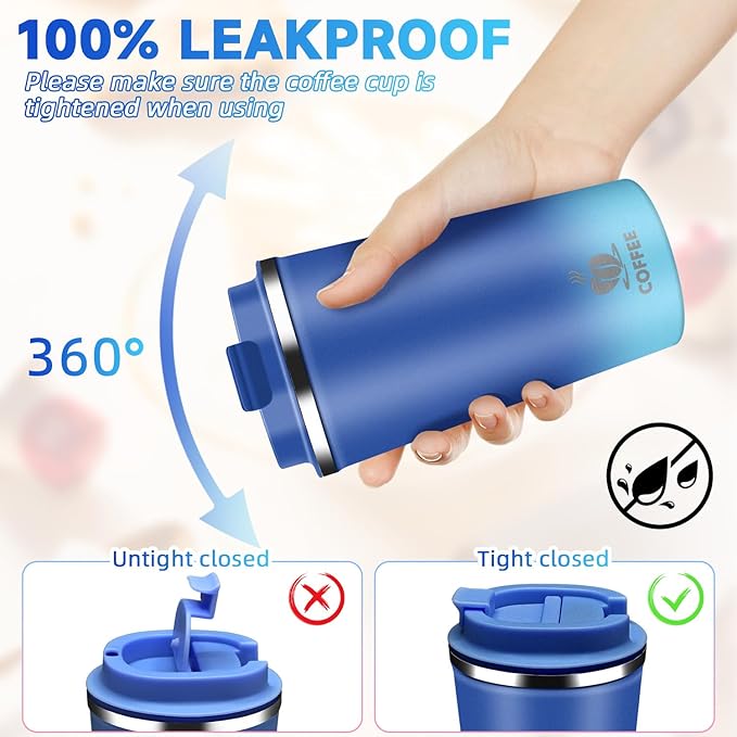 Insulated Travel Coffee Mug Reusable Coffee Tumbler Cup with Flip Lid Leak Proof Spill Proof for Office School Party Camping Hot and Cold Drink,Stainless Steel 17oz (Blue)