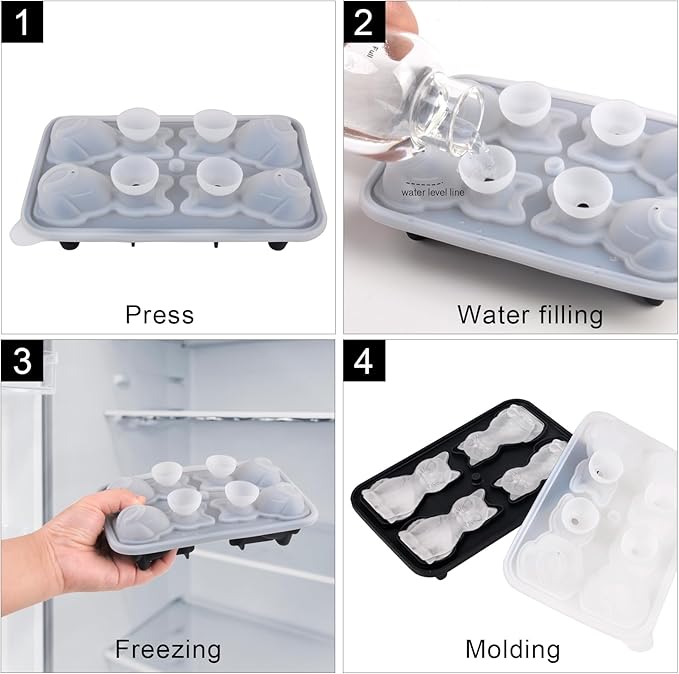 Cat Ice Cube Tray Mold - 2pcs, 3D Cat Shape Ice Cube Trays, Cute Ice Cube Molds for Whiskey Bourbon, 4-Hole Large Fun Shapes Ice Cube Trays, Funny Cats Gifts for Cats Lovers Women Men