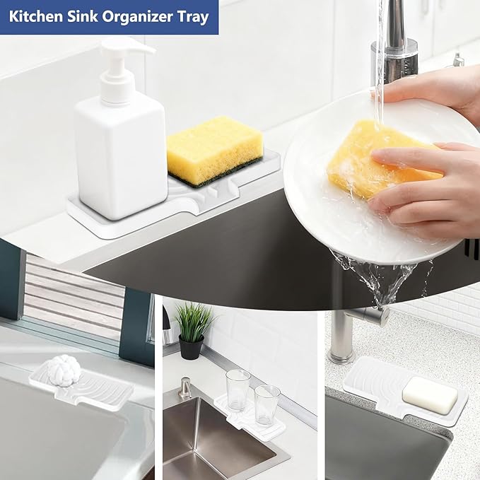 Silicone Sponge Holder for Kitchen Sink With Drain Spout, Self Draining, Kitchen Soap Tray, Bathroom Organizer, Sink Caddy (White, 10×4)