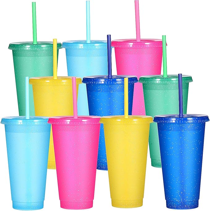 Suertestarry Tumbler with Straw and Lid,Water Bottle Iced Coffee Travel Mug Cup,Reusable Plastic Cups,Perfect for Parties,Birthdays… (Sparkling, 10 pack)