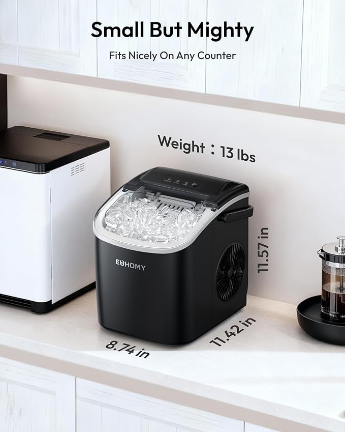 EUHOMY Countertop Ice Maker Machine with Handle, 26lbs Per Day, 9 Bullet Cubes in 6 Mins, Self-Cleaning Portable Ice Maker with Basket and Scoop, for Home/Kitchen/Camping/RV (Black)