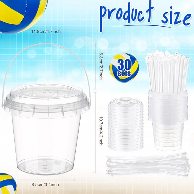 Funnymoom 30 Set Volleyball Clear Plastic Cups with Lids & Straws 24oz Disposable Rum Drink Buckets Bulk for Cocktail Parties with Handles & Stickers for Holiday Birthday Beach Pool Party Supplies