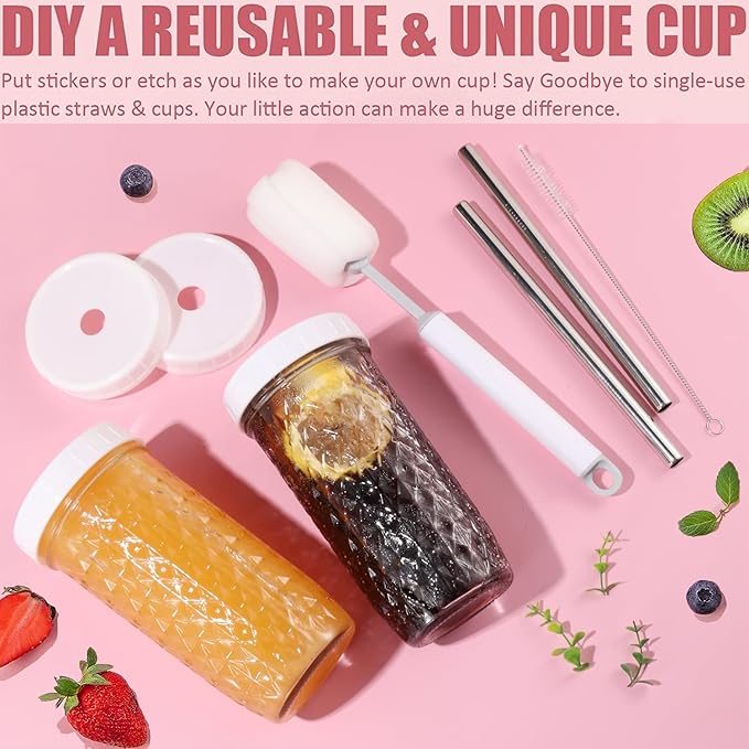 2 Pcs 24oz Glass Cups Set, Mason Jar Drinking Glasses with Lids and Straws & 2 Airtight Lids, Cute Reusable Smoothie cups, Iced Coffee Cups, Travel Tumbler for Bubble Tea, Juice, Gift