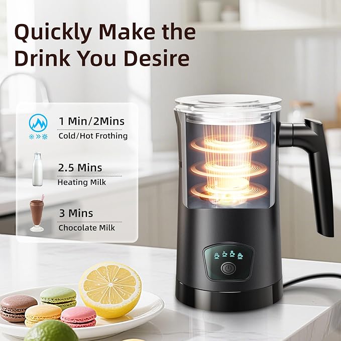 Milk Frother, 4-in-1 Electric Milk Steamer, Hot and Cold Foam Maker, 1 min Fast Frothing, 11.8 oz/350 ml Milk Warmer, Frother for Coffee Latte, Cappuccino, Temperature Control, Auto Shut-Off