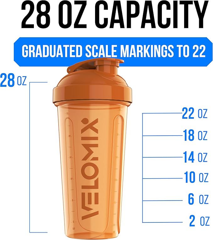 VELOMIX -4 PACK- 28 oz Protein Shaker Bottle for Protein Mixes - 4x Wire Whisk | Leak Proof Shaker Cups for Protein Shakes | Protein Shaker Bottle Pack | Protein Shake Cup (Amber Drift)
