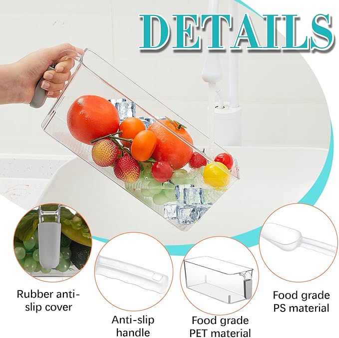 Havawish Ice Storage Bin and Flexible Scoop Set Plastic Freezer Bin with Pull Out Handle Storage Bucket Clear for Container with Scoop(Grey,10.83 x 4.92 x 4.33 in,Classic)