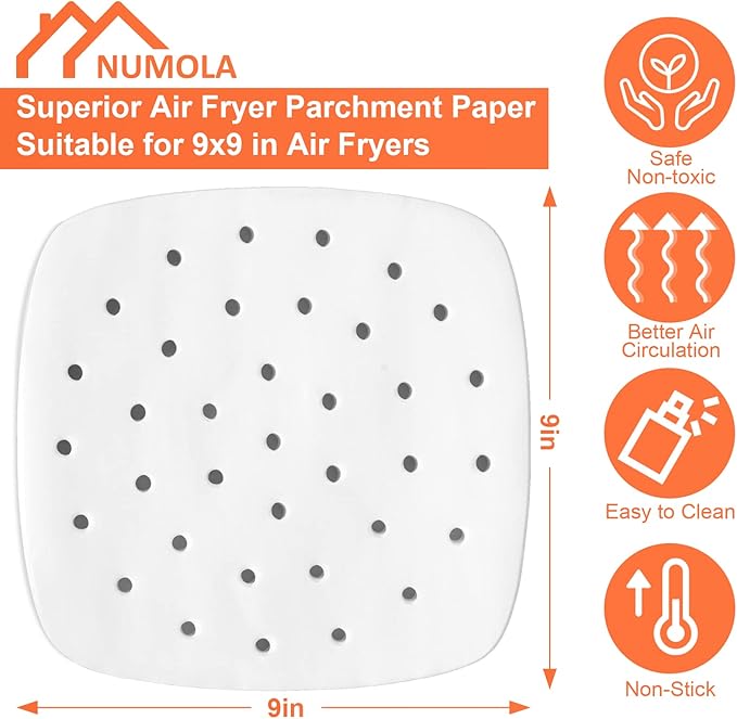 Numola 100 Pcs Air Fryer Liners Disposable Parchment Paper, 9 Inch Perforated Airfryer Sheets for Baking, Square Non-Stick Steamer Liner for Oven, Microwave, Steaming Basket
