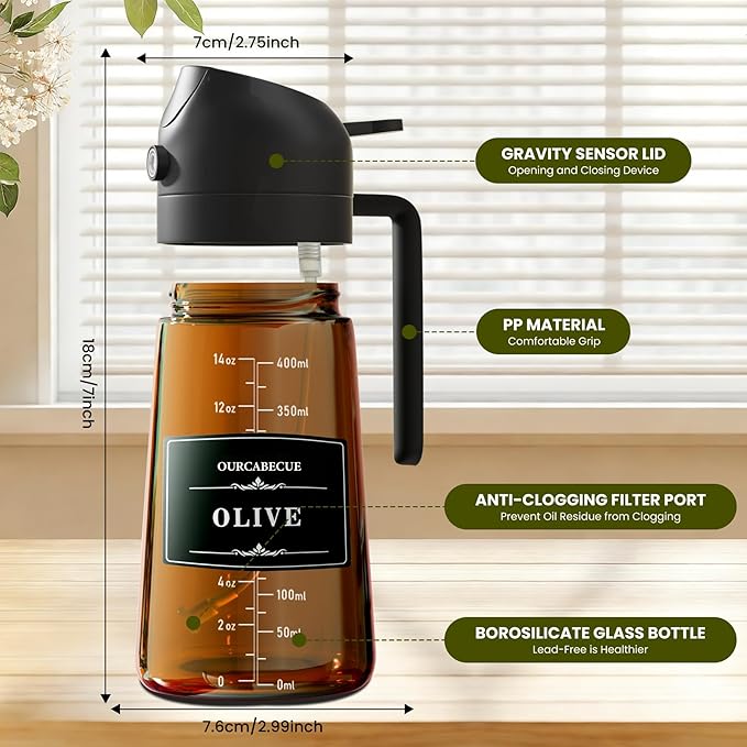 OURCABECUE Upgraded Made Oil Sprayer for Cooking 2 Set, Dark Brown 2 in 1 Spray and Pour Olive Oil Dispenser 16oz 470ml Glass Oil Spray Bottle, Mist Olive Oil Dispensing with Scale & 8 labels