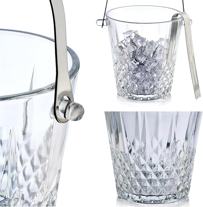 Glass Ice Bucket with Handle and Stainless Steel Tongs - Glass Ice Buckets for Party,Wine, Beer, Champagne, Cocktail Bar, Mini & Portable, 1000ml