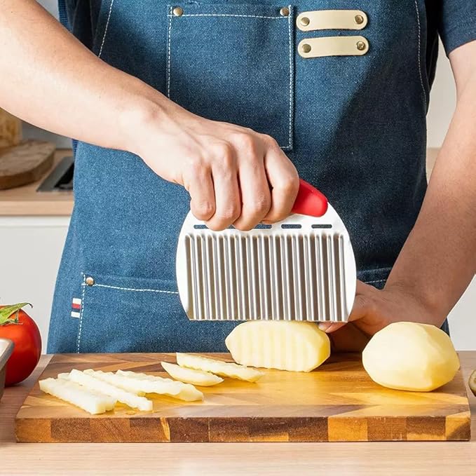 Heavy Duty Stainless Steel Large Crinkle Cutter Wavy Chopper French Fry Slicer for Potatoes Carrot Chips and Fruits, Vegetable, Potatoes, Onions (Red-Style II, 1 PCS)