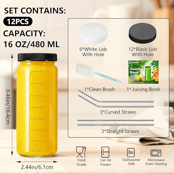 Ruckae 16oz 12 Pack Juice Bottles, Glass Bottles Juicing with Lids, Smoothie Cup Lids and Straws, Water Bottle Mason Jar Drinking Glasses for Juicing, Smoothies, Kombucha