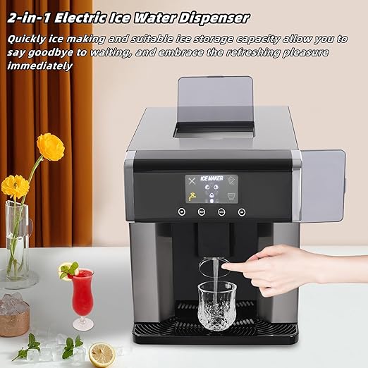Nugget Ice Maker Dispenser, 2-in-1 Ice Water Maker for Kitchen Bar Party, Self Dispensing Pellet Ice Maker, 33lbs/24H, 15mins Quick Ice Make, 1.3lbs Ice Storage, Ice Full Indicator & Self-Cleaning