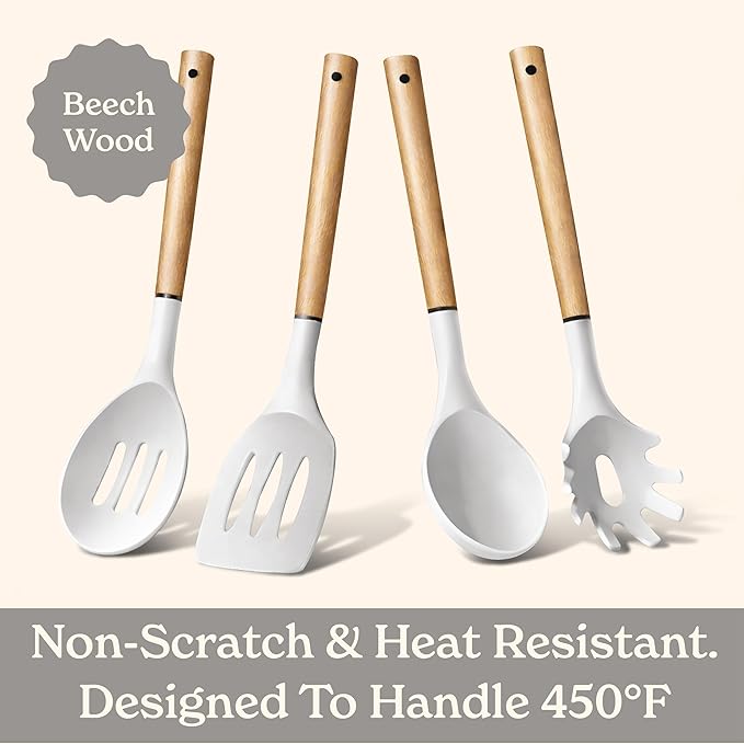 Country Kitchen Non Stick Silicone Utensil Set with Rounded Wood Handles for Cooking and Baking, 8 Piece Set, White