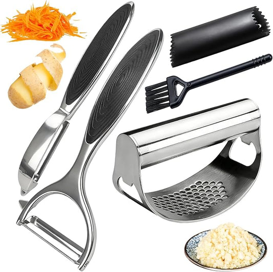 Built-in Bottle Opener Garlic Press Rocker Set Stainless Steel And All-in-One Kitchen Vegetable Peeler, Premium peelers For Kitchen - Ideal For Potato, Apple, Carrot, Fruit And More
