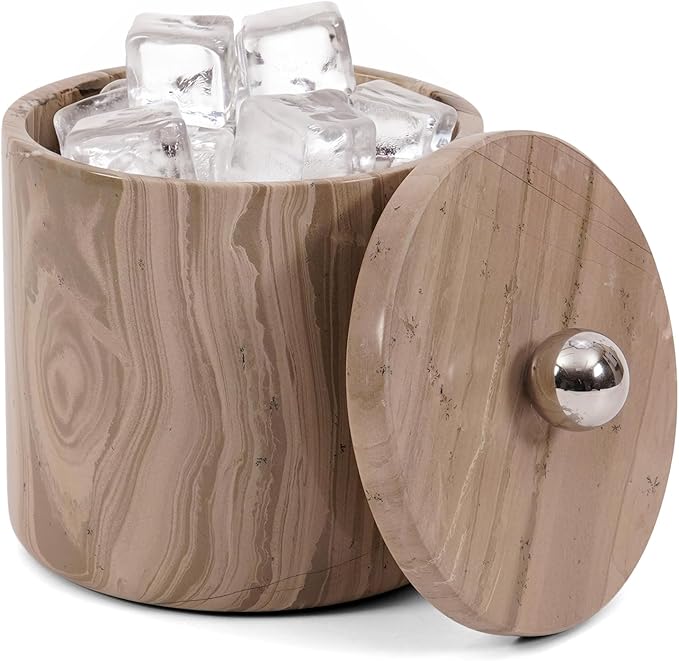 Ice Bucket Marble with Lid 6 Inch Natural Brown Stone Wine & Champagne Chiller Small Ice Container for Parties Drink Cooler for Home Bar And Earth Day Decoration