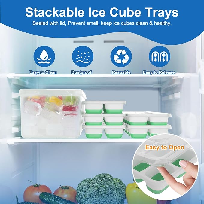 5 Pack 70 Cube Silicone Ice Cube Trays for Freezer with Lids, Easy-Release Stackable Ice Molds & Ice Trays, BPA-Free Freezer Ice Tray Set for Drinks,Coffee,Cocktails, Food,Ice Trays for Freezer.