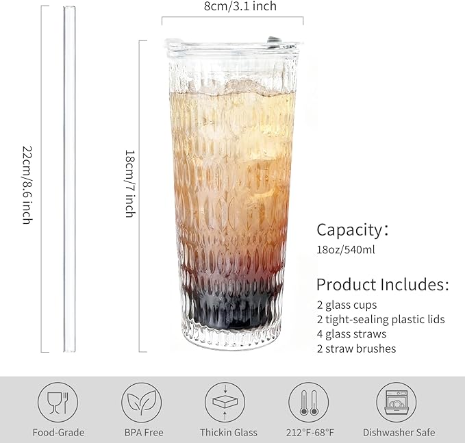 Puraville 2 Pack 18oz Glass Cups with Lids and Straws, Vintage Diamond Pattern Thickened Glassware for Whiskey Cocktail Beer, Mason Jar Drinking Glasses Tumbler Iced Coffee Cup, Clear