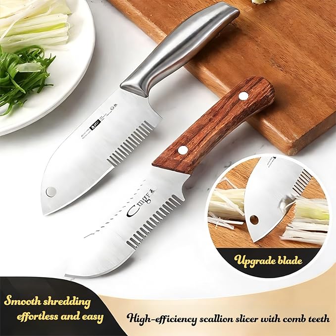 Julienne Slicer Stainless Steel Onion Cutter Scallion Shredder, Vegetable Chopper with Comb Teeth, Kitchen Gadgets (Wooden Handle)