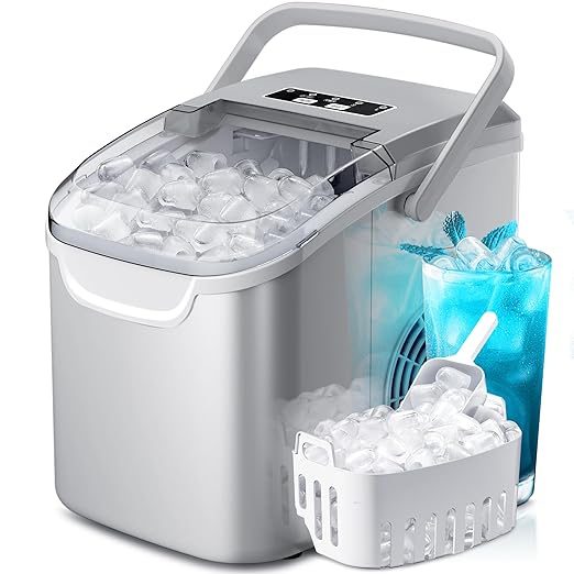Crzoe Ice Makers Countertop with Handle, 2 Sizes of Ice, 8 Bullet Ice Cubes in 6 Mins, 26Lbs/24H, Portable Ice Maker with Self-Cleaning, Ice Machine for Home&Kitchen&Office&Party (Grey)