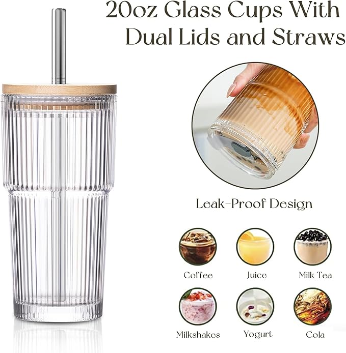 KEMORELA 20oz Ribbed Glass Tumblers with Bamboo & 2 in 1 Leak-proof Lids, Extra-Wide 13mm Reusable Stainless Steel Straws, 4Pcs Vintage Drinking Glasses for Boba, Iced Coffee,Smoothies,Travel Cups