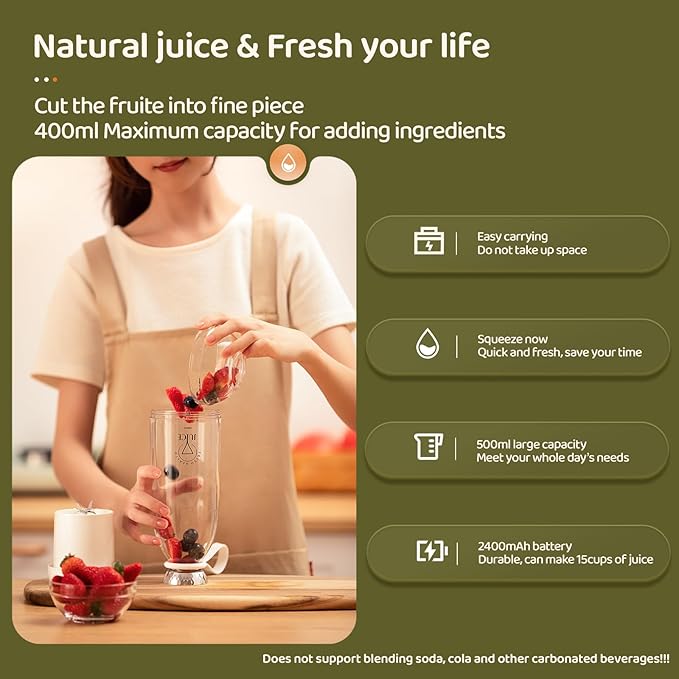Asa Vea Mini Blender for Smoothies and Milkshakes, Portable Blender, Rechargeable, Personal Size Blender with Quota Outer Travel Lid with 6 Blades, 17 oz for Outdoors, Camping (White-550ml)