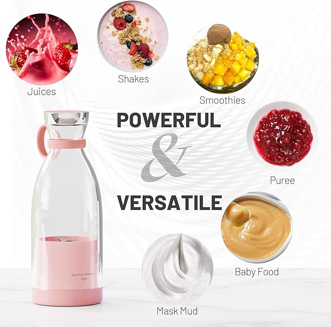 Personal Portable Blender, 350ml USB Rechargeable Smoothie Maker with Stainless Steel Blade, BPA-Free & Easy Clean, Compact Travel Cup for Gym, Office, Home - Pink