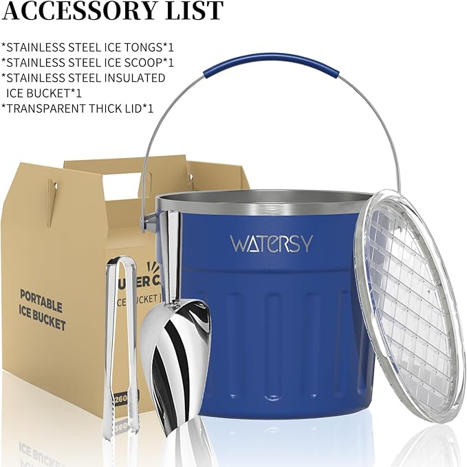 WATERSY Insulated Ice Bucket（8 Quart / 7.6 L） with Lid, Scoop, Ice Tong，Wall Vacuum Stainless Steel, Blue