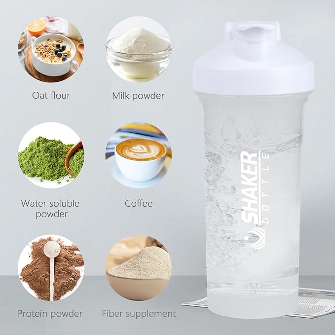 Protein Shaker Bottle 24oz- Leak- Proof GYM Shaker Cup with Handle and Mixing Ball Effortlessly Blend Drinks, Stay Hydrated During Workouts - BPA Free (WHITE)